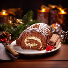 Fototapeta na wymiar Chocolate roll cake with Christmas decoration on wooden background. Selective focus. Ai generative.
