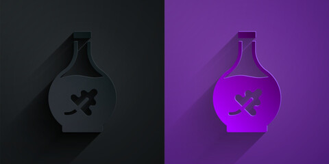 Paper cut Essential oil bottle icon isolated on black on purple background. Organic aromatherapy essence. Skin care serum glass drop package. Paper art style. Vector