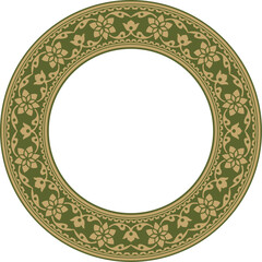 Vector round gold and green Indian national ornament. Ethnic plant circle, border. Frame, flower ring. Poppies and leaves..