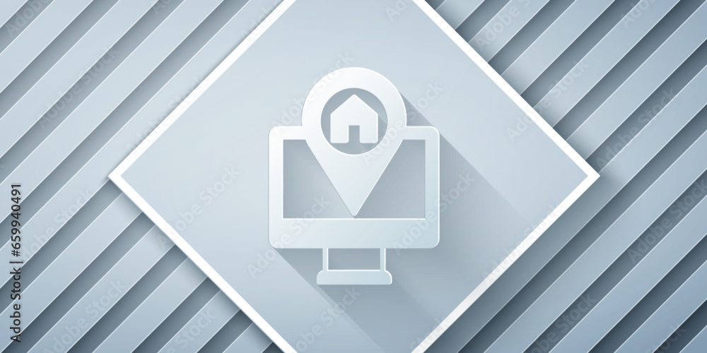 Poster paper cut computer monitor and folded map with location marker icon isolated on grey background. pap