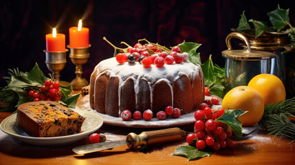 Christmas cake with berries and candlestick on a wooden table. Ai generative.