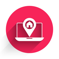 White Infographic of city map navigation icon isolated with long shadow background. Laptop App Interface concept design. Geolocation concept. Red circle button. Vector