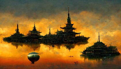 nara period floating city pagoda airships huge setting sun in background picturesque etherpunk clouds  - obrazy, fototapety, plakaty