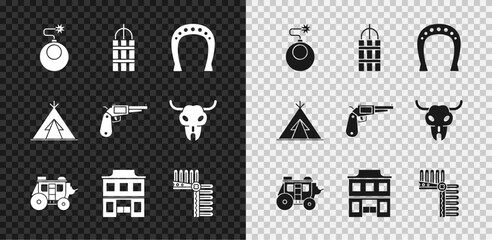 Set Bomb ready to explode, Detonate dynamite bomb stick, Horseshoe, Western stagecoach, Wild west saloon, Indian headdress with feathers, teepee wigwam and Revolver gun icon. Vector