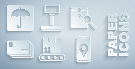 Set Conveyor belt with cardboard box, Envelope magnifying glass, Mobile app delivery tracking, Scale and Umbrella icon. Vector