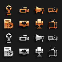 Set Screen tv with 4k, Movie, film, media projector, Retro, Director movie chair, CD DVD disk, Megaphone, trophy and Cinema camera icon. Vector