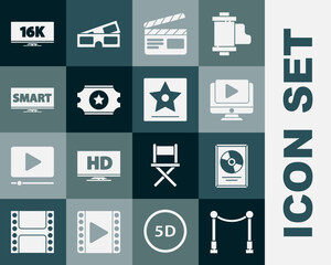 Set Carpet with barriers, CD disk award in frame, Online play video, Movie clapper, Cinema ticket, Screen tv Smart, 16k and Hollywood walk of fame star icon. Vector