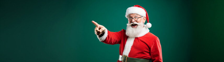 Naklejka premium Santa Claus smiling pointing copy space, green background, Christmas banner