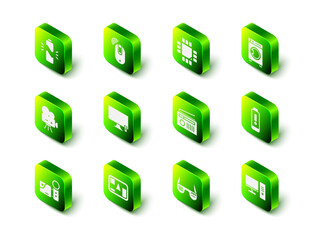 Set Wireless computer mouse, Processor with microcircuits CPU, Washer, Battery charge level indicator, Computer monitor, Radio antenna, Smart glasses and Gps device map icon. Vector
