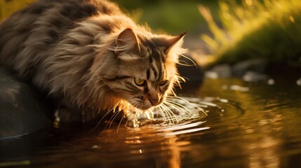Domestic cat drinking water directly from a river. Kitten importance of staying hydrated for overall health and wellness. Pets access to fresh, clean water, which is vital for wellbeing.