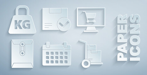 Set Calendar, Shopping cart on computer, Envelope, Hand truck and boxes, Package with check mark and Weight icon. Vector