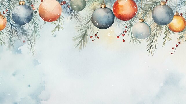 Watercolor Christmas horizontal pattern with hand-drawn toys, fir branches, gifts. Illustration for the New Year holiday.
