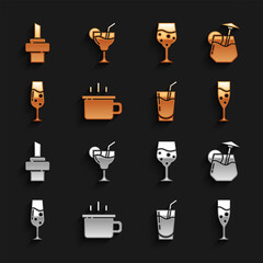 Set Coffee cup, Cocktail, Glass champagne, Wooden cork for wine and icon. Vector