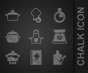 Set Kitchen apron, Cookbook, Cutting board and knife, Scales, Cooking pot, Stopwatch and icon. Vector