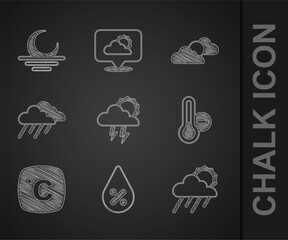 Set Storm, Water drop percentage, Cloud with rain and sun, Meteorology thermometer, Celsius, Sun cloud weather and Sunset icon. Vector