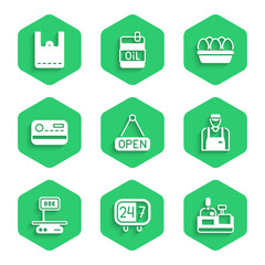 Set Hanging sign with Open, Clock 24 hours, Cashier at cash register, Seller, Electronic scales, Credit card, Chicken egg box and Paper shopping bag icon. Vector