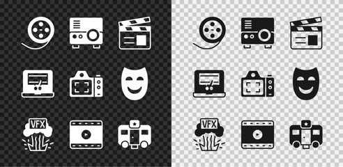 Set Film reel, Media projector, Movie clapper, VFX, Play Video, Actor trailer, recorder on laptop and Photo camera icon. Vector
