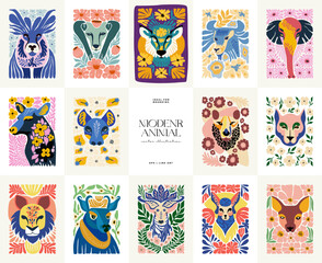 Floral and animal abstract elements. Botanical composition. Modern trendy Matisse minimal style. Kids, Child, Floral poster, invite. Vector arrangements for greeting card or invitation design.