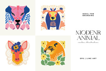 Floral and animal abstract elements. Botanical composition. Modern trendy Matisse minimal style. Kids, Child, Floral poster, invite. Vector arrangements for greeting card or invitation design.