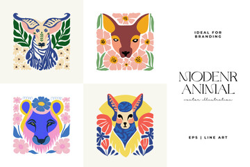 Floral and animal abstract elements. Botanical composition. Modern trendy Matisse minimal style. Kids, Child, Floral poster, invite. Vector arrangements for greeting card or invitation design.