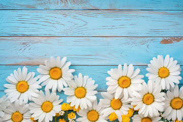 Fototapeta premium A bouquet of a beautiful white daisy arranged on the left side, right side of the blue wooden panel wall, the blue background, Generative AI.