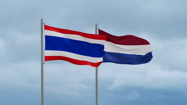 Netherlands flag and Thailand flag waving together on cloudy sky, endless seamless loop, two country relations concept