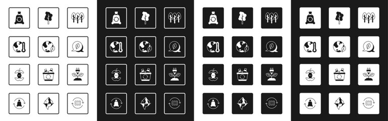 Set Tree, Earth globe and leaf, melting to global warming, Garbage bag with recycle, Leaf Eco symbol, Electric saving plug and Apple core icon. Vector