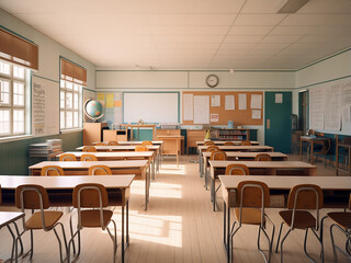 A serene light wood classroom with modern furniture. AI Generation.