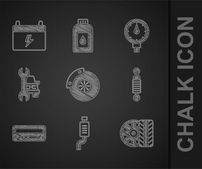 Set Car brake disk with caliper, muffler, tire wheel, Shock absorber, audio, service, Tire pressure gauge and battery icon. Vector
