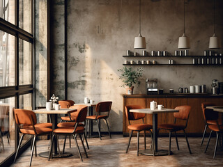 Urban coffee house interior with industrial elements. AI Generation.