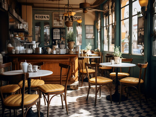 Fototapeta na wymiar Vintage-inspired coffee house interior design. AI Generation.