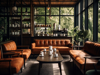 Fototapeta na wymiar Cozy and inviting coffee house interior. AI Generation.