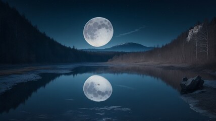 beautiful view of  full moon over the lake
