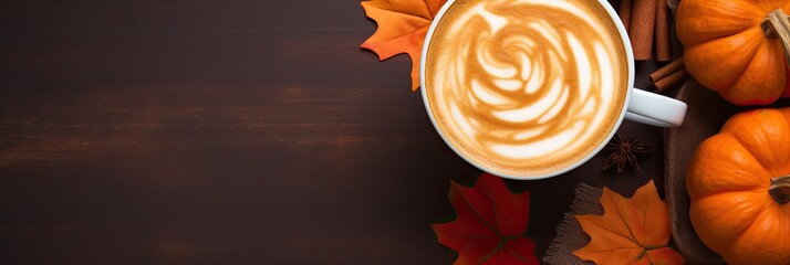 Pumpkin spice latte - spiced pumpkin latte - coffee with the addition of pumpkin syrup and spices. On the background of a wooden table and pumpkins. - obrazy, fototapety, plakaty