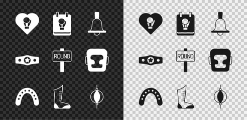 Set Boxing glove, bell, Mouth guard boxer, Sport boxing shoes, Punching bag, belt and ring board icon. Vector