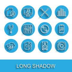 Set line Music streaming service, Vinyl player with vinyl disk, book note, Stereo speaker, Sound mixer controller, and icon. Vector