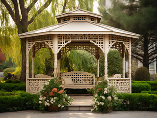 Enjoy your garden with a beautiful beige gazebo. AI Generation.