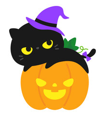 ハロウィンカボチャと帽子をかぶった黒ネコ