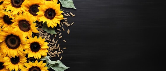 flat lay featuring vibrant sunflowers and scattered seeds, set against a rich dark background, creating a beautiful contrast that accentuates the brightness and positivity of the blooms,