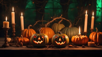 Halloween promotional banner background. Halloween night scene background with pumpkin within flames in the cemetery and bats in the night, copy space