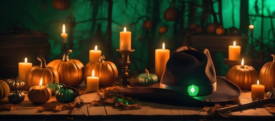 Halloween promotional banner background. Halloween night scene background with pumpkin within flames in the cemetery and bats in the night, copy space