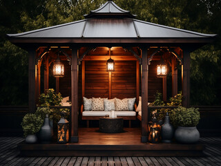 Dark wood gazebo stands gracefully in its exterior place. AI Generation. - obrazy, fototapety, plakaty