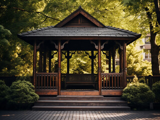 Naklejka premium Enjoy a tranquil spot in your exterior with a dark wood gazebo. AI Generation.