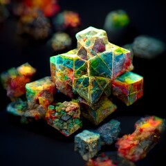 Fototapeta na wymiar decomposing octahedral rubix cubes organic decomposition liquid textures 8k super resolution 