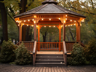House's exterior shines with a light wood gazebo. AI Generation.