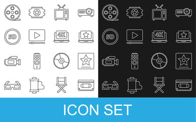 Set line VHS video cassette tape, Hollywood walk of fame star, Laptop with, Retro tv, Online play, 5d virtual reality, Film reel and 4k icon. Vector