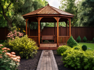Rustic wood gazebo amidst nature's beauty. AI Generation.