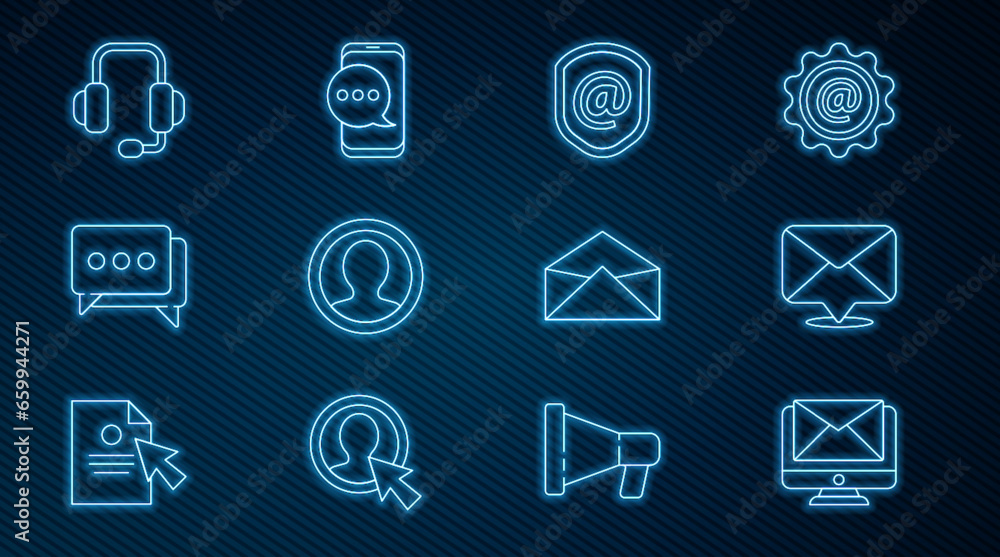 Poster set line monitor and envelope, envelope, shield with mail e-mail, create account screen, speech bubb