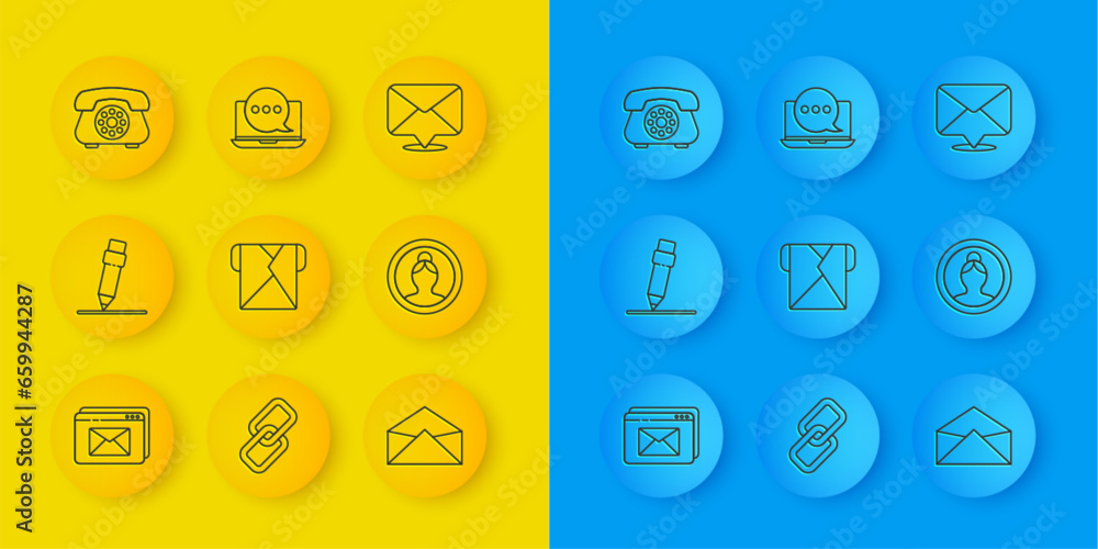 Poster set line website and envelope, pencil with eraser, envelope, create account screen, telephone, and c