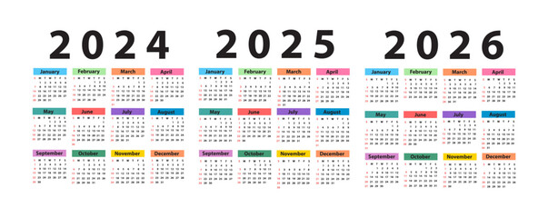 Calendar set 2024; 2025; 2026; starting from Sunday. Vector illustration - 659944202